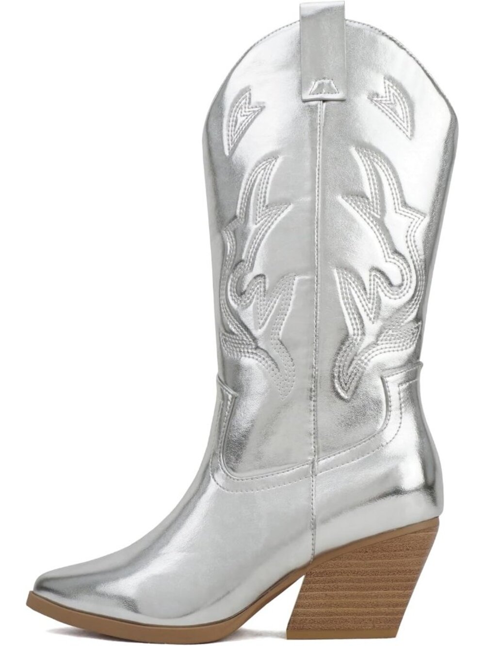 Women's Silver Western Cowboy Stitched Pointe Toe Heels Ankle Mid Shaft Boots